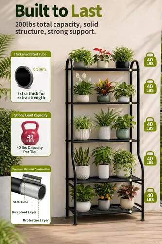 Miniatura 3 de Soporte de metal para plantas de 5 niveles para interiores y exteriores, soporte de flores impermeable para múltiples macetas, soportes resistentes