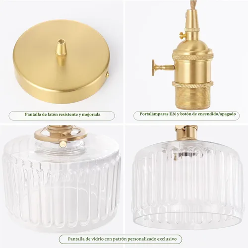 Miniatura 7 de Shenmoyl Lámpara colgante con pantalla de vidrio transparente a rayas, luz colgante vintage de latón, luz colgante ajustable para cocina, isla