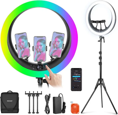 NEEWER Anillo de luz LED RGB de 19 pulgadas con soporte, 3 soportes para teléfono, panel táctil, control de 2.4G/aplicación, 42W CRI97+ 2800lux/1.6