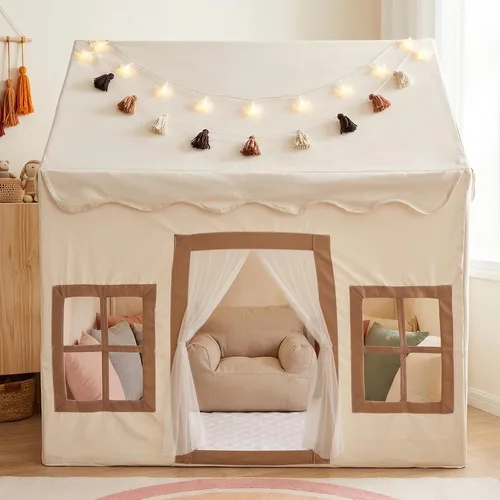 Little Dove Tienda de campaña para niños con alfombra, luces de estrella, guirnalda de borlas, casa de juegos para niños con ventanas fáciles de