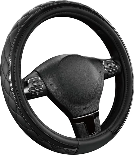 Miniatura 2 de Road Comforts Funda de Cuero para Volante – Negro y Negro, Ajuste Universal 14.5-15 Pulgadas, Cuero de Microfibra, Diseño Antideslizante