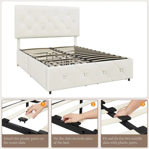 Miniatura 23 de Topeakmart Base de cama de plataforma tapizada tamaño Queen con cabecera ajustable en altura y 3 cajones de almacenamiento, base de colchón de piel