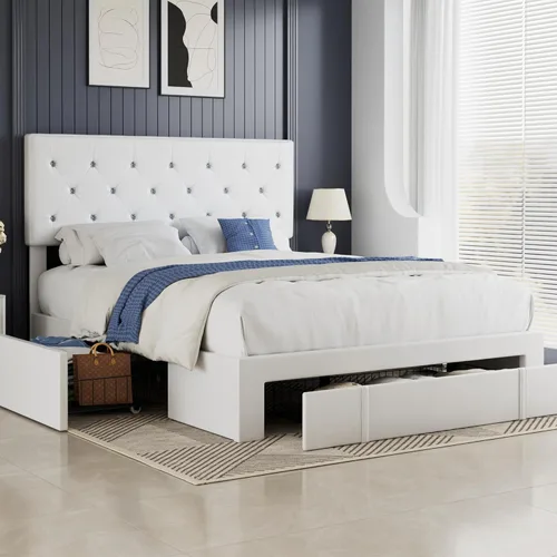 Miniatura 18 de VECELO Base de cama de tamaño individual, plataforma tapizada con cabecera ajustable de diamante, soporte de listones de madera, no necesita somier