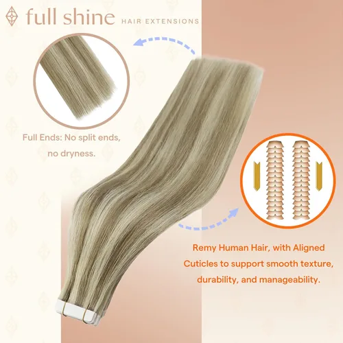 Miniatura 2 de Fshine Extensiones de cabello humano adhesivas de 20 pulgadas, extensiones de cabello Remy de 1.76 oz, color 16, reflejos 22, rubio, cinta adhesiva