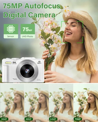 Miniatura 2 de Cámara digital 5K para fotografía, cámara de videoblogs WiFi de 75 megapíxeles para YouTube con pantalla giratoria de 3" 180°, cámara de video UHD
