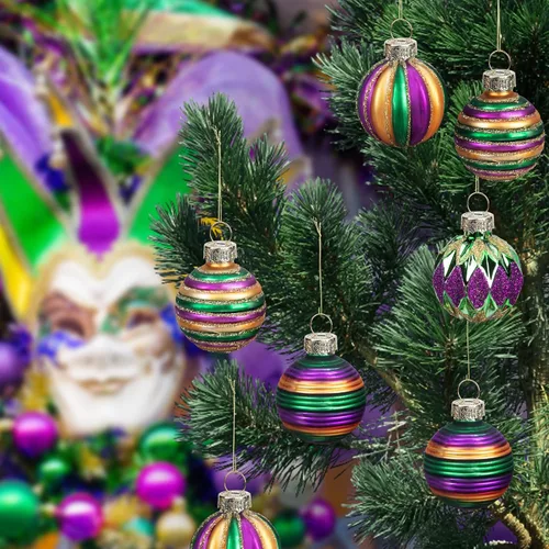 Miniatura 4 de Watayo 12 adornos de bola de vidrio Mardi Gras, bolas colgantes con purpurina de 1.5 pulgadas, adornos morados de Nueva Orleans, verde, adornos
