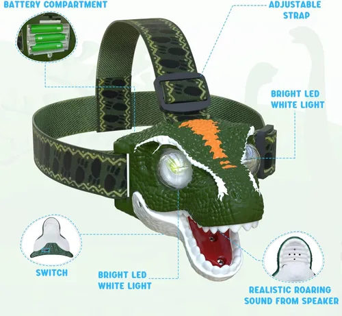 Miniatura 4 de COSOOS Linterna frontal LED para niños, equipo de camping, modo de rugido y silencio, lámpara de cabeza para exteriores para niño y niña, faro