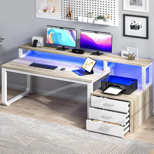 Miniatura 9 de MaverickFurni Escritorio para computadora de 67 pulgadas con 3 cajones, escritorio de oficina en casa con estante para impresora y soporte
