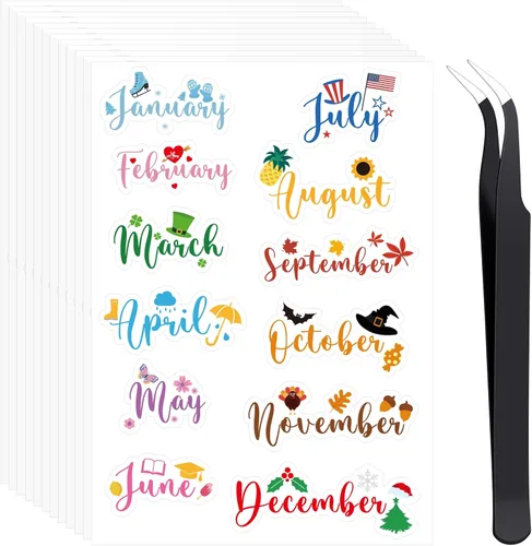 Epakh 12 hojas de calcomanías para planificador mensual, calcomanías de diario con pinzas para codo, calcomanías creativas para calendarios,