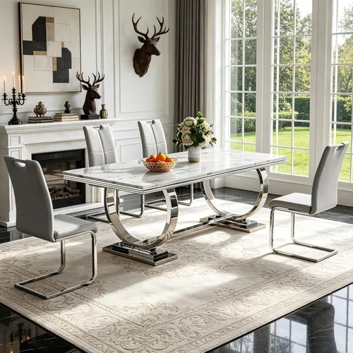 Miniatura 69 de 5 Piece Black Marble Dining Table Set for 4, Modern Faux Marble Kitchen Dining Room Tables with 4 Leather Chairs Set, 68.11" Luxury Rectangular