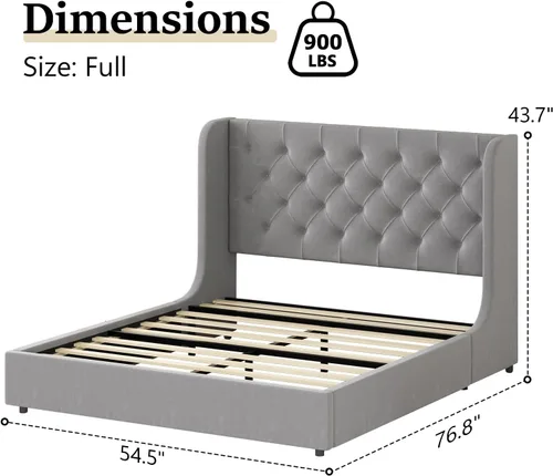 Miniatura 2 de HOMBCK - Marco de cama tamaño completo, base de cama tapizada en plataforma gris con cabecero, terciopelo acolchado, diseño de ala curvada, listones