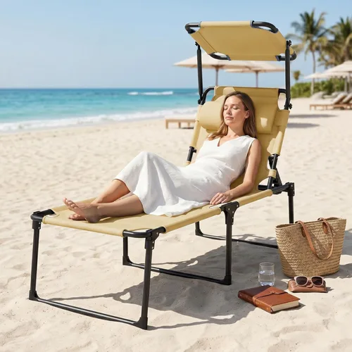 Miniatura 8 de Outsunny Sillón para exteriores, respaldo ajustable, tumbona plegable, silla de bronceado acolchada con techo parasol y reposacabezas de almohada