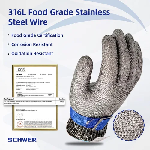 Miniatura 3 de Guante de corte resistente Schwer SlicePro ANSI A9 PR1706, guante de malla de acero inoxidable de grado alimenticio para cocina de cocina, corte