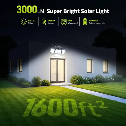 Miniatura 5 de 1 reflector solar de 3000 lm para exteriores con panel solar mejorado, 4 luces con sensor de movimiento de cabeza, luz de inundación con cable