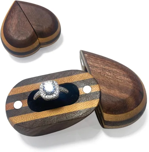 muchly Caja de anillos de boda en forma de corazón para propuestas, hecha a mano, caja de compromiso rústica, caja de anillo vintage para boda