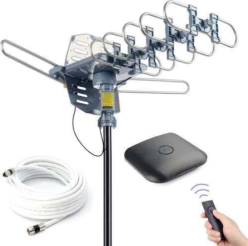 PBD - Antena de TV digital HD para exteriores de 150 millas motorizada con rotación de 360 grados con cable coaxial RG6 de 40 pies, instalación a
