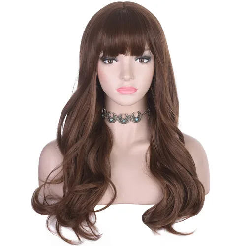 Miniatura 9 de morvally Peluca larga ondulada con flequillo para mujer, cabello sintético moreno, resistente al calor, aspecto natural para uso diario