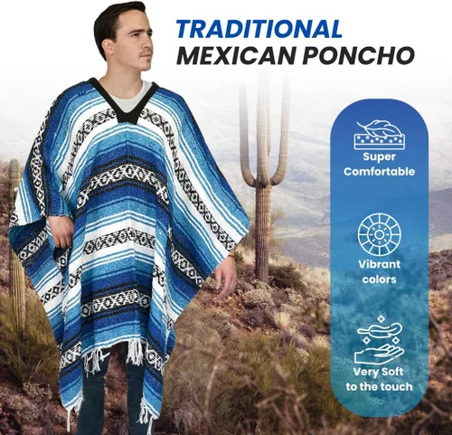 Miniatura 63 de Artisans Bazaar Poncho tradicional mexicano de Baja para hombres y mujeres, auténtico sarape de Gaban, manta de vaquero Pancho Jorongo
