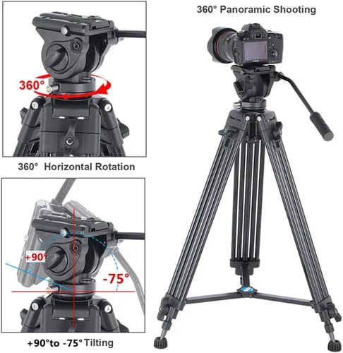 Miniatura 2 de Trípode de video profesional de aluminio resistente de 62 pulgadas/62.2 in, trípode de video de tubo doble, cabezal fluido de 360 grados, esparcidor