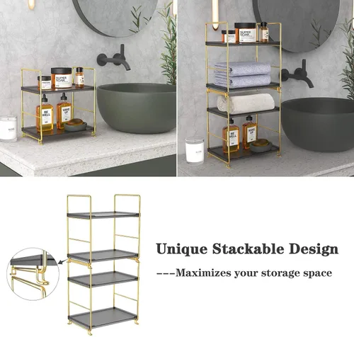 Miniatura 3 de Estante organizador de especias de 2 niveles para baño, estante de almacenamiento de encimera, estante de almacenamiento de cosméticos de pie negro