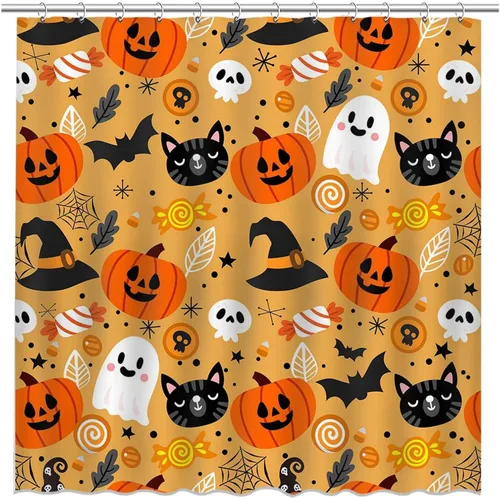 Miniatura 3 de Mocsicka Bonita cortina de ducha de Halloween de 72 x 72 pulgadas, cortina de ducha naranja de dibujos animados de gato y fantasma, cortina de ducha