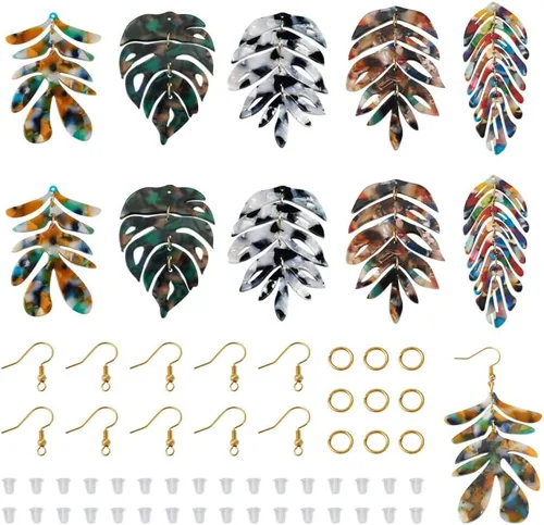 Mega Pet Kit de fabricación de aretes, 10 colgantes de hoja de resina de acetato de celulosa con 20 ganchos de latón para aretes, 30 anillos de