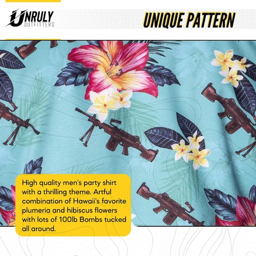 Miniatura 4 de Camisa hawaiana para hombre, color verde, M249, camisas con botones para hombre, divertidas camisas de armas de flores con pistolas