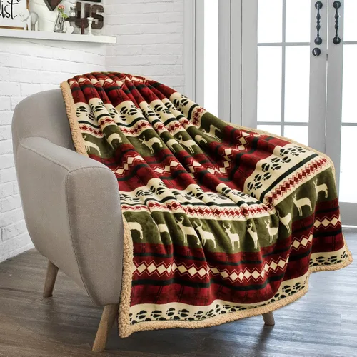 Miniatura 2 de PAVILIA - Manta de Navidad Premium de sherpa, diseño de cabaña verde y roja con estampado de reno, ultra suave, reversible, de forro polar y sherpa