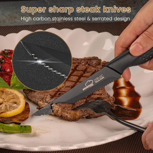 Miniatura 9 de Amorston Cuchillos para carne, juego de 8 cuchillos de carne de acero inoxidable, cuchillos dentados aptos para lavavajillas, color negro elegante