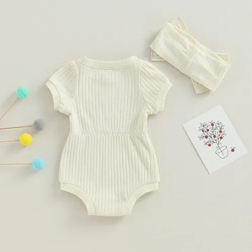 Miniatura 66 de Traje de verano para niña pequeña, de manga corta, acanalado, overol liso, pantalones cortos, ropa para recién nacidos
