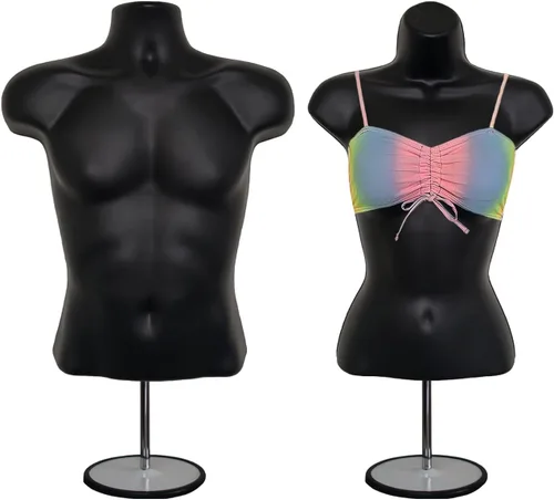 Miniatura 16 de Torso de maniquí masculino y femenino con soporte de metal, cuerpo hueco en la espalda, forma de vestido apilable para exhibición de camisetas, Gris
