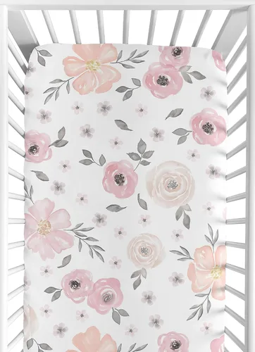 Miniatura 12 de Sweet Jojo Designs Mini sábana de cuna portátil para niña, color rosa y gris, colección floral de acuarela, para mini cuna o paquete y juego solo