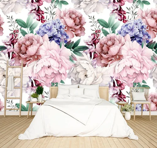 Miniatura 41 de Papel tapiz floral de peonía negra para dormitorio, flores botánicas moradas, hojas murales para sala de estar, fondo de TV, mural grande