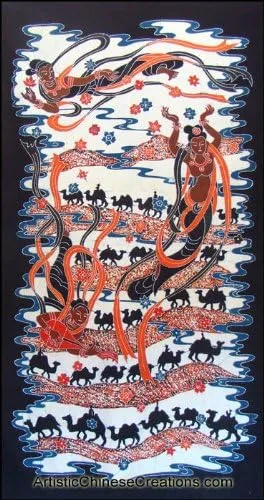 Pintura de batik chino/colgante de pared grande de batik chino, ángeles de la dinastía Tang, 100% hecho a mano por el artista Batik Qin Hai