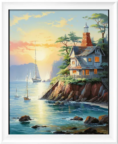 Miniatura 34 de Leczany Kit de estampado de punto de cruz para adultos, hermoso paisaje junto al río, patrones de bordado de bricolaje, kit de manualidades