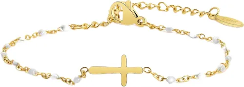 Miniatura 13 de Pulsera de Cuentas con Cruz Chapada en Oro de 14K para Mujeres, Pulsera de Acero Inoxidable Ajustable con Cruz de Fe Religiosa, Pulsera de Cadena