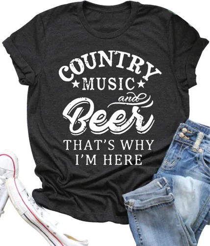 Camiseta divertida de música country y cerveza para mujer, camisetas de vacaciones de verano, camisetas vintage de campo