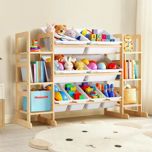 Fuilee Organizador de almacenamiento de juguetes de madera para niños, organizador de juguetes de varios niveles con contenedores y estantes