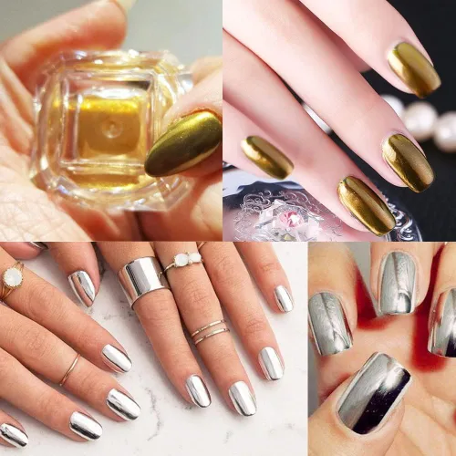 Miniatura 5 de Polvo cromado metálico Hisight 2 piezas de espejo de arte de uñas con purpurina cromada, pigmento en polvo, lentejuelas para uñas, color dorado