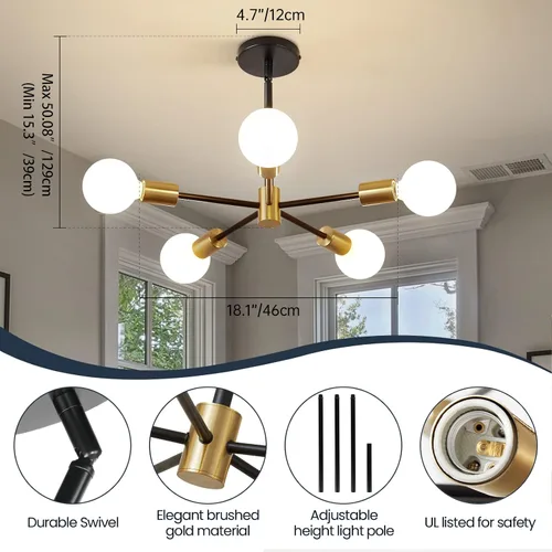 Miniatura 4 de RUIYEY Lámpara Sputnik Moderna, Lámpara de Techo Semiempotrada Negra y Dorada, Candelabros de Mediados de Siglo para Dormitorio, Comedor, Isla