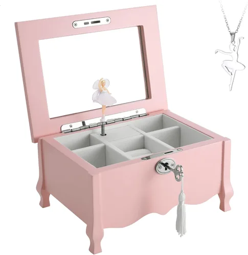 Miniatura 2 de Joyero musical de bailarina de pies grandes con espejo y cerradura para niñas, caja de almacenamiento de joyas rosa para niños, organizador de joyas