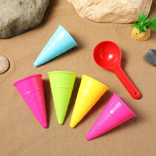 Miniatura 8 de Toyvian 6 piezas de juguetes de arena de conos de helado de plástico para niños, juego de juguetes de arena de helado con cuchara de arena, cuchara