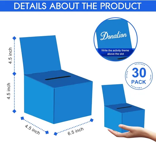 Miniatura 2 de 30 cajas para rifas, urnas de donación para recaudación de fondos, caja de cartón de 6.5 x 4.5 x 4.8 pulgadas con ranura para boletos y cabecera Azul