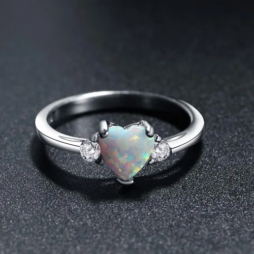 Miniatura 3 de Anillo de compromiso de plata de ley 925 con forma de corazón de ópalo blanco