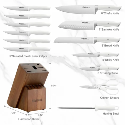 Miniatura 3 de FikShot - Juego de cuchillos con afilador, juego de cuchillos de 14 piezas con bloque, elegantes cuchillos de cocina blancos para damas, acero