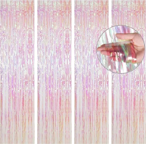 BTSD-home Paquete de 4 cortinas de fondo iridiscente transparente con flecos, oropel metálico para cabina de fotos para sirena, Frozen ERAS, boda,