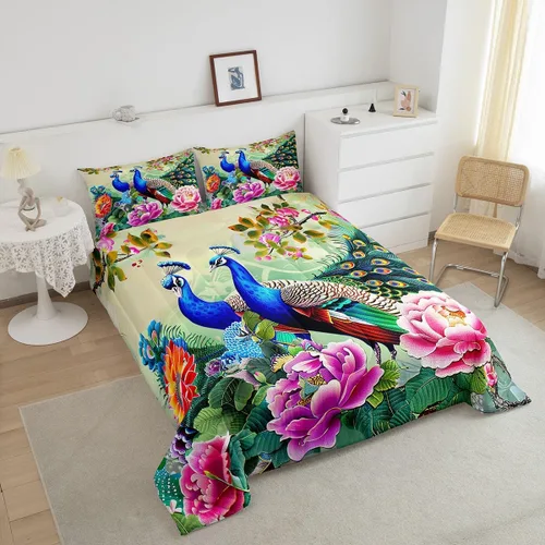 Miniatura 4 de Juego de edredón de pavo real en acuarela tamaño King, elegante y hermoso juego de ropa de cama edredón de plumas azules de 3 piezas para niños