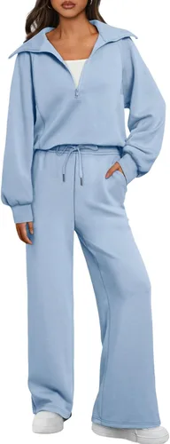 AUTOMET Conjunto deportivo de 2 piezas para mujer, ropa de descanso, con cremallera de un cuarto, sudadera con pantalones de pierna ancha