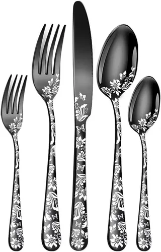 Miniatura 9 de Juego de cubiertos para 12 cubiertos, 60 piezas, diseño único de patrón de flores, utensilios de cocina de acero inoxidable, juego de cubiertos Oro