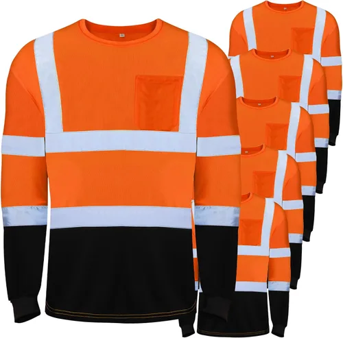 Zhanmai 6 Pack Long Sleeve Safety Shirt High Visibility Reflective Class 3 Hi Vis Construction Safety Shirt with Pocket Naranja